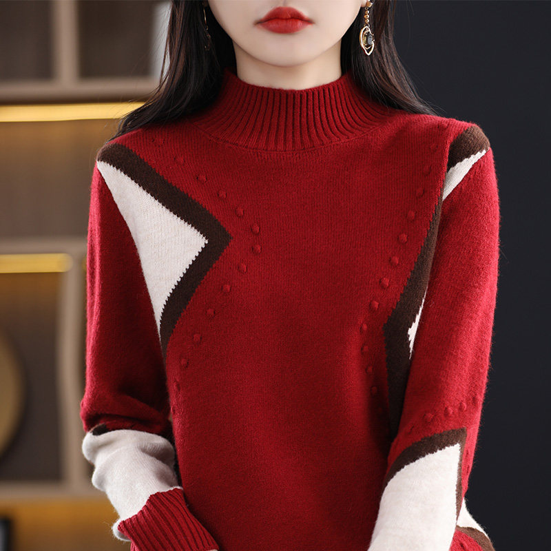 撤标撤柜(A)半高领打底衫女秋冬衣服针织大码妈妈本命年红色毛衣