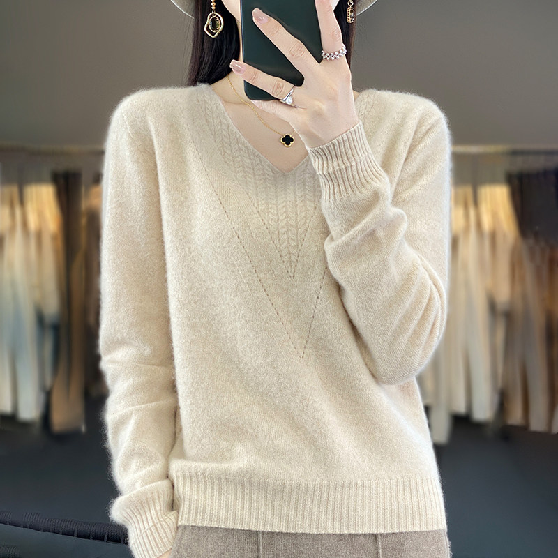 撤标撤柜(A)纯羊毛V领针织打底衫女春秋款内搭大码女装秋冬毛衣