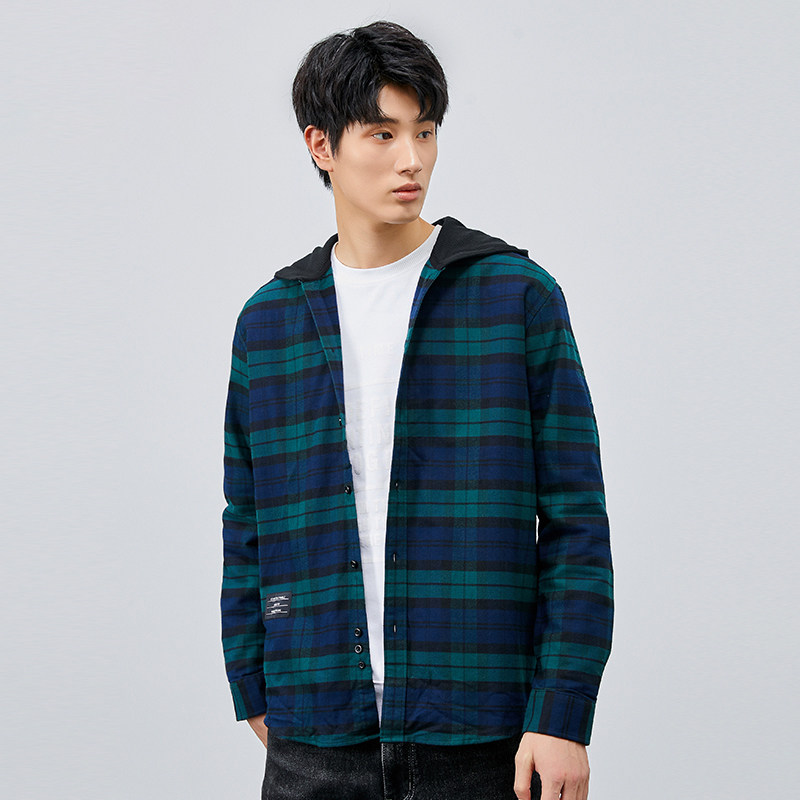 外贸男装工厂撤标撤柜秋冬季时尚保暖撞色格子连帽长袖衬衫外套男,男装,衬衫,淘宝优惠券,粉丝福利购,淘宝优惠卷