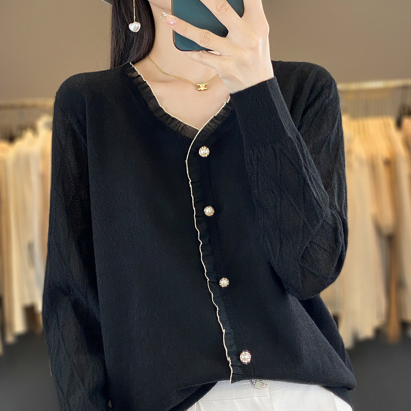 撤标撤柜(A)打底衫女春秋内搭小衫木耳边针织上衣大码黑色毛衣