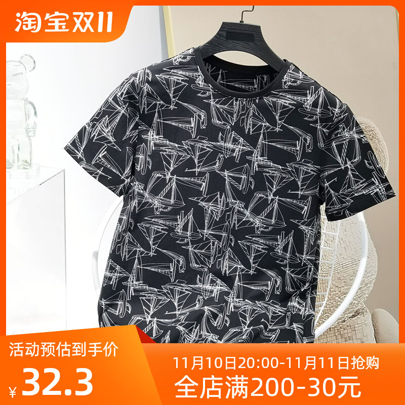 品牌折扣男装专柜正品撤标夏季时尚95%棉印花短袖休闲圆领T恤上衣