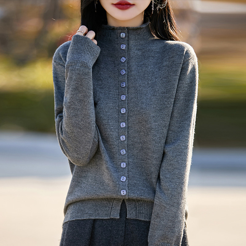 撤标撤柜(A)春秋款气质灰色高领针织开衫外套女洋气大码女装毛衣