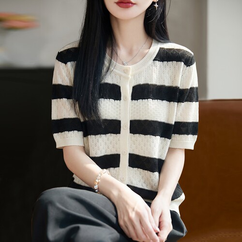 撤标撤柜（A）2026新款镂空提花针织短袖t恤女夏季薄款冰丝针织衫