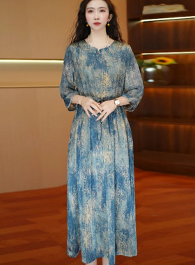 【雅家】撤柜2025年夏新款中长款妈妈装系带收腰显瘦五分袖连衣裙