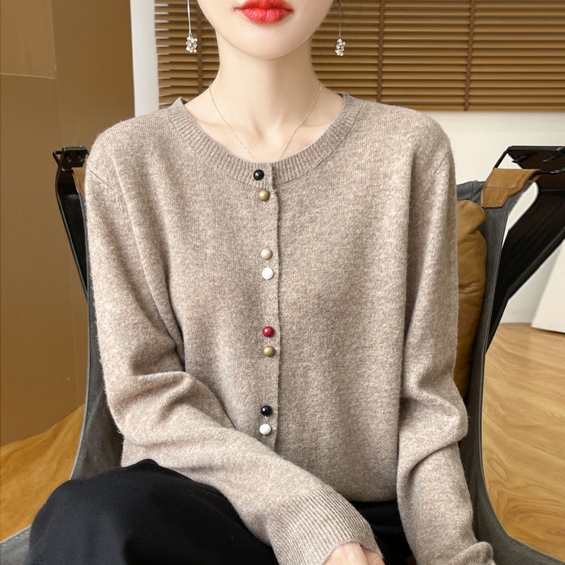 撤标撤柜(A)彩扣洋气外套女春秋款显瘦大码女装秋冬针织开衫毛衣