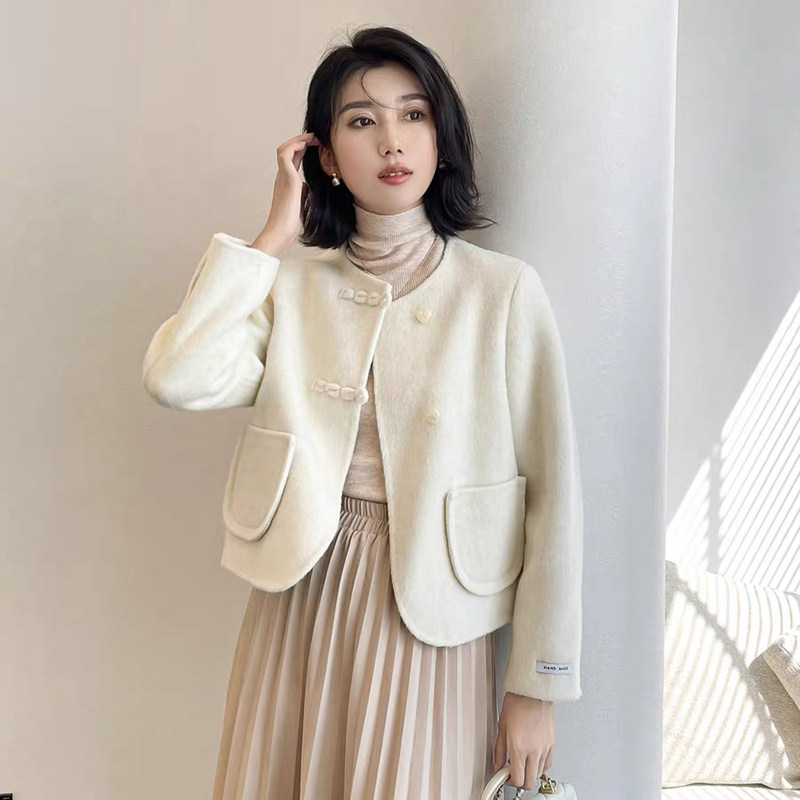 【杉家】撤柜！秋冬女韩系小香风双面羊毛毛呢甜美圆领大衣外套