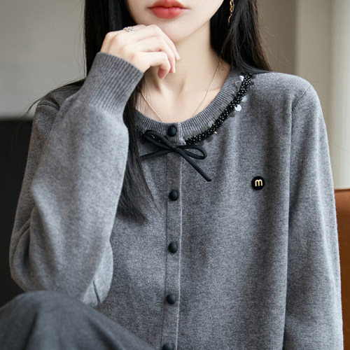 撤标撤柜(A)早秋时尚灰色针织开衫外套春秋外搭洋气大码女装上衣