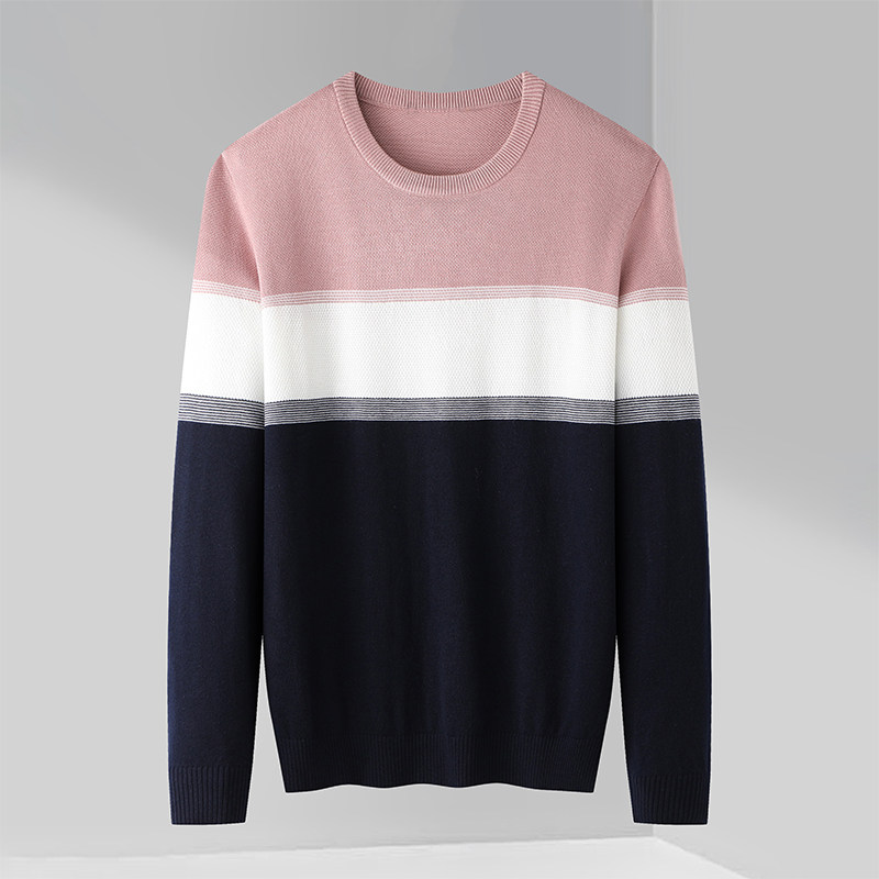 外贸大牌出口撤标秋冬男士新款经典条纹柔软舒适圆领针织衫线衣