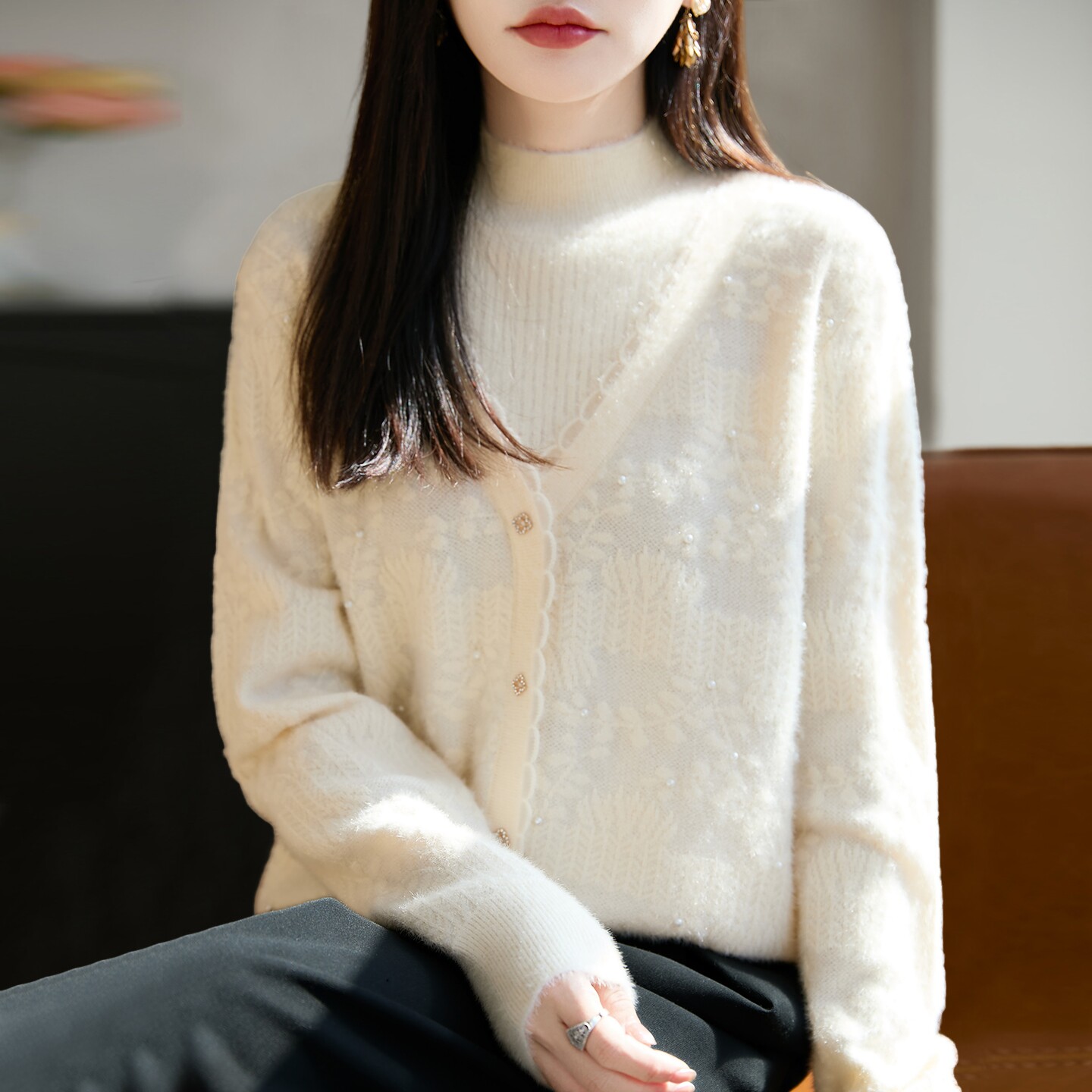 撤标撤柜（A）假两件半高领提花针织打底衫女新款上衣秋冬毛衣