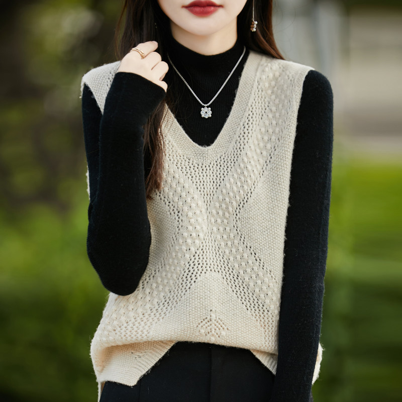 撤柜撤标(A)马甲背心女春秋款V领镂空坎肩大码女装秋冬针织毛衣