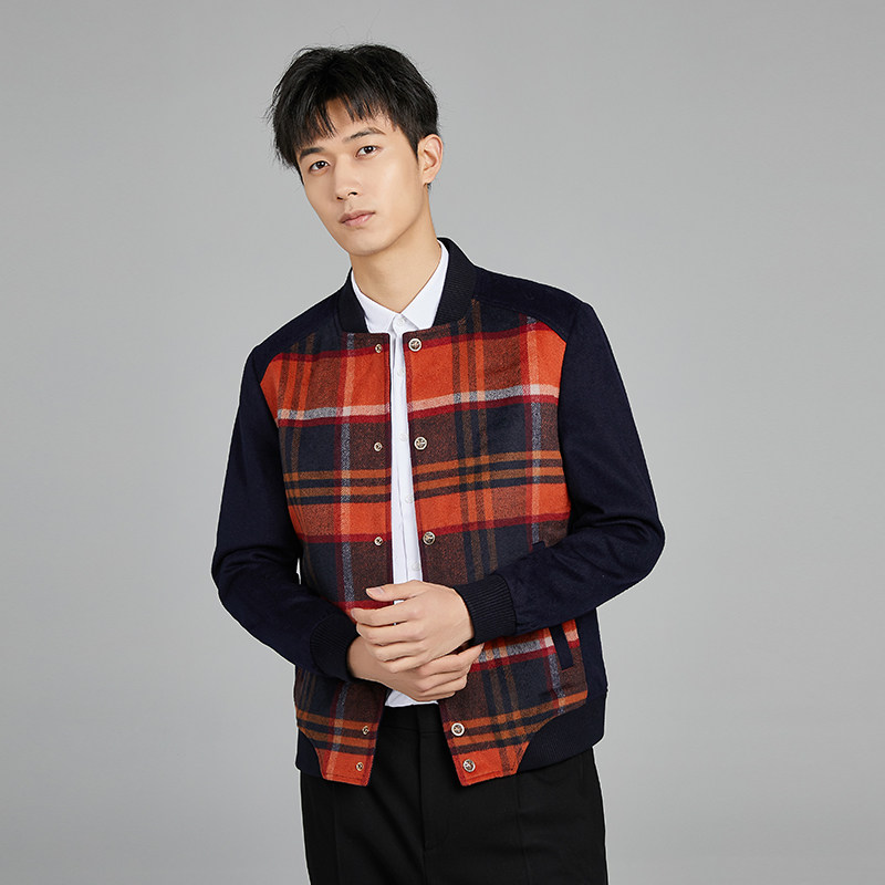 直播福利！撤柜款！大牌撤标男士棒球领修身格子休闲毛呢夹克外套