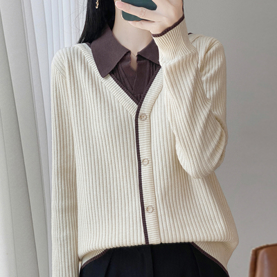 撤标撤柜早秋假两件翻领针织打底衫女春秋上衣洋气大码女装毛衣