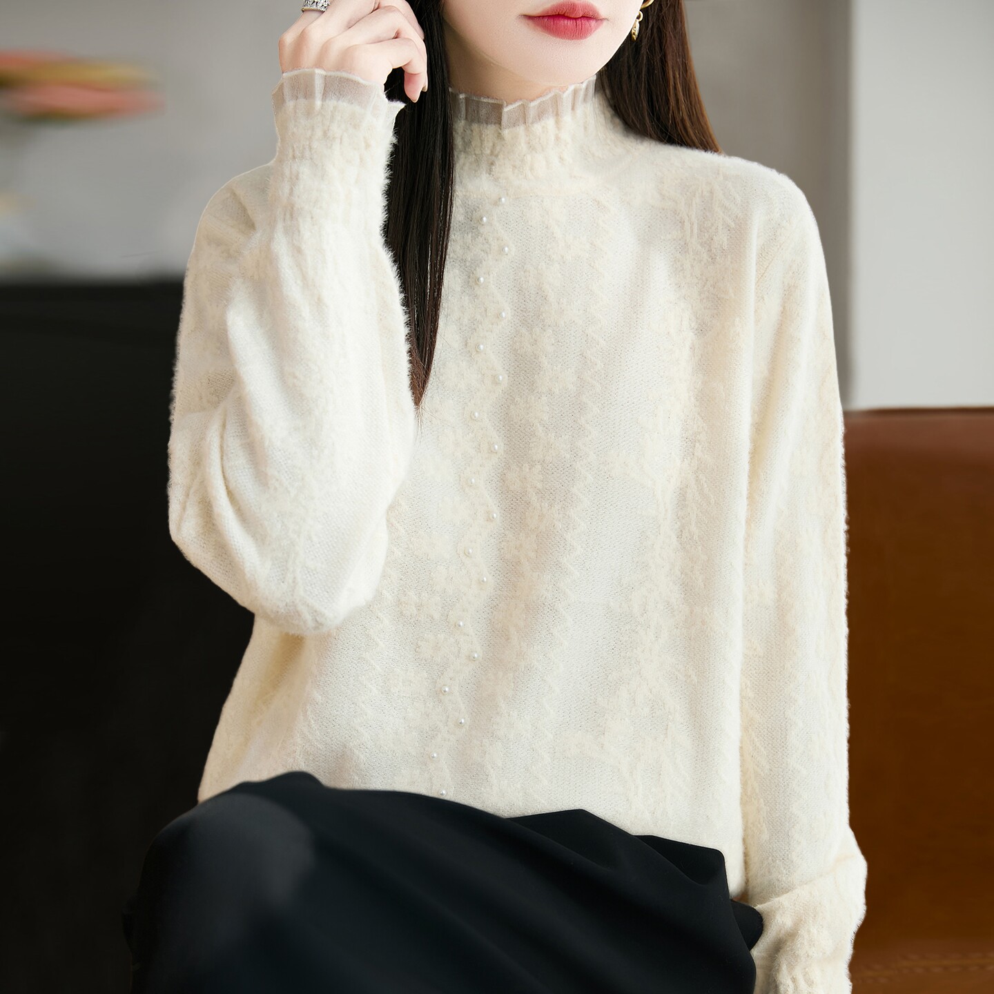 撤标撤柜(A)半高领蕾丝钉珠针织打底衫洋气大码女装上衣秋冬毛衣