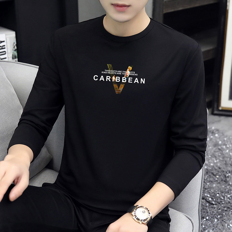 撤标撤柜春秋长袖t恤男薄款莫代尔棉秋衣黑色印花打底衫内搭上衣