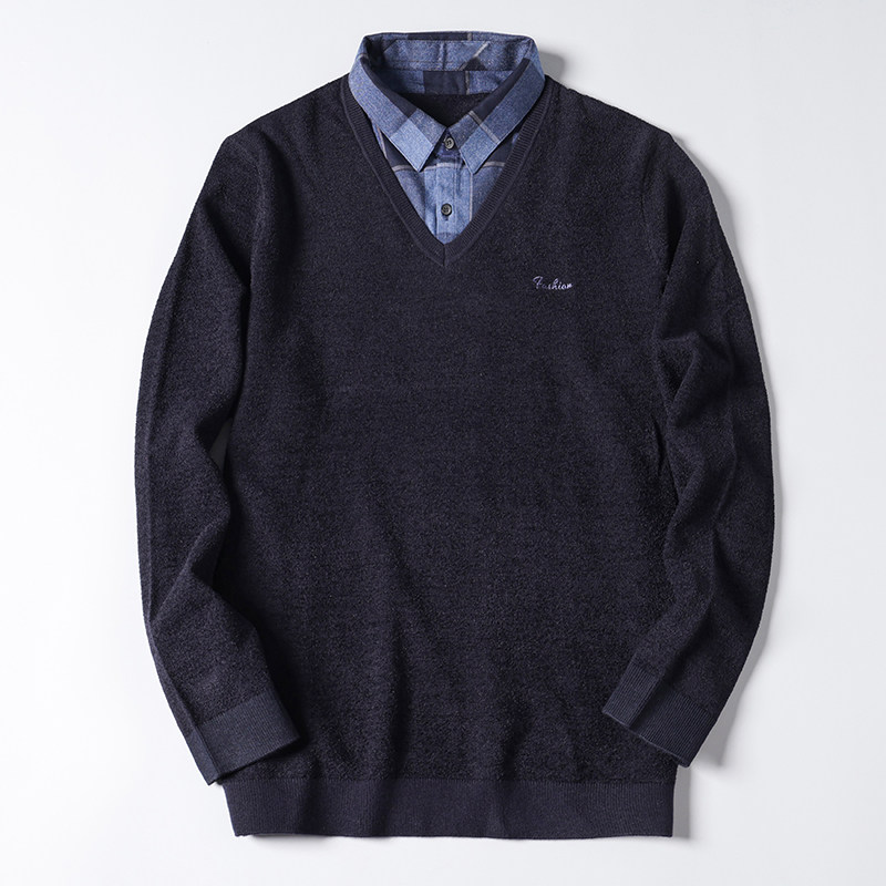 大牌撤标春秋冬新款男士经典休闲保暖舒适摇粒绒假两件双领针织衫