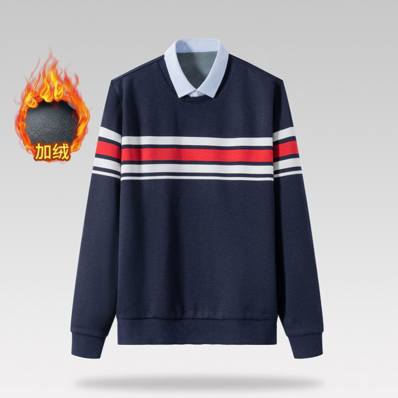 内里复合加绒 外贸大牌正品撤标尾货秋冬撞色条纹保暖假两件针织