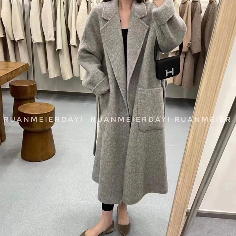 【雅家】撤柜！秋冬女韩版高端双面羊毛系带收腰长款毛呢大衣外套