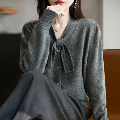 撤标撤柜(A)系带蝴蝶结针织开衫外套女洋气大码女装上衣秋冬毛衣