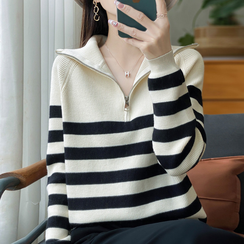 撤柜撤标(A)半开条纹针织打底衫女春秋洋气上衣大码女装秋冬毛衣,女装/女士精品,毛针织衫,淘宝优惠券,粉丝福利购,淘宝优惠卷