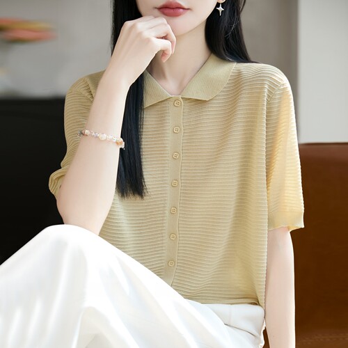 撤标撤柜（A）2026新款翻领纽扣针织短袖t恤女夏季薄款冰丝针织衫