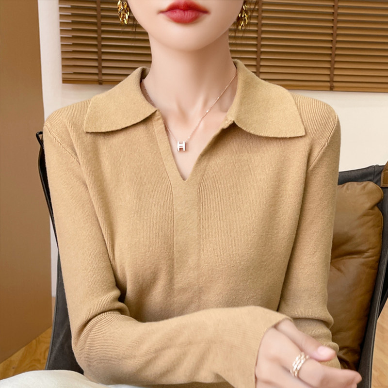 撤柜撤标(A)翻领针织打底衫女春秋流行内搭上衣洋气大码女装毛衣