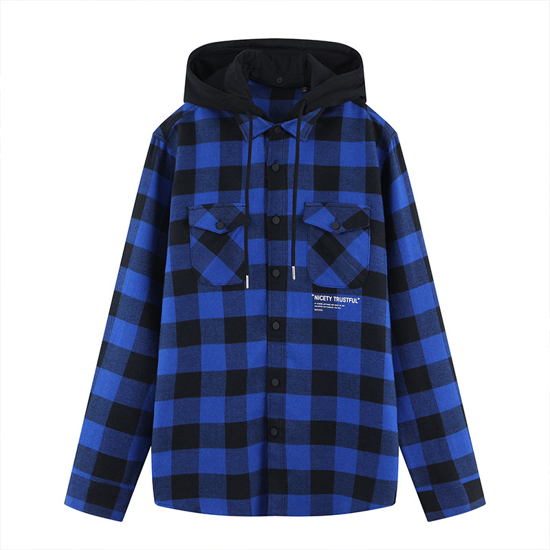 外贸大牌正品撤标尾货清仓男装外套上衣秋季格纹带帽休闲长袖衬衫