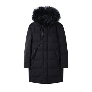 男式2023时尚冬季貂毛毛领连帽舒适内里90灰鸭绒中长款保暖羽绒服