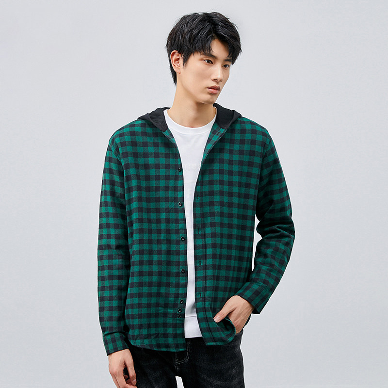 清仓撤标男装正品尾货奢华大牌上衣秋季休闲连帽长袖深绿格纹衬衫