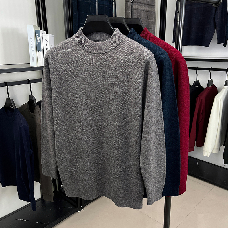 撤标撤柜！2025秋冬男士简约休闲肌理提花菱纹半高领绵羊毛毛衣