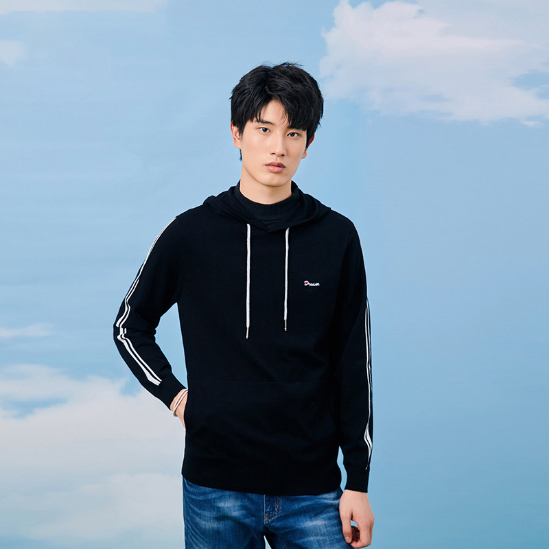 撤标外贸大牌正品尾货清仓男装冬抽绳连帽双领针织衫休闲长袖套头