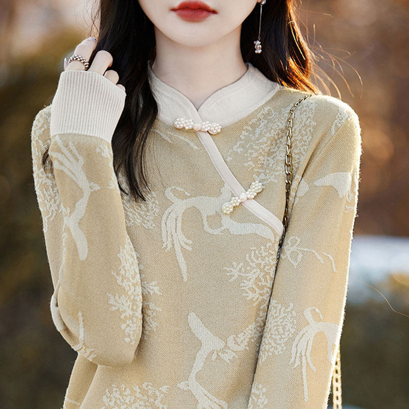 撤标撤柜(A)女装复古旗袍领盘扣毛衣女春秋大码中国风针织打底衫