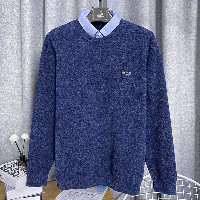 新款男士冬季毛衣温暖水柔绒纯色假两件修身加厚舒适保暖针织衫