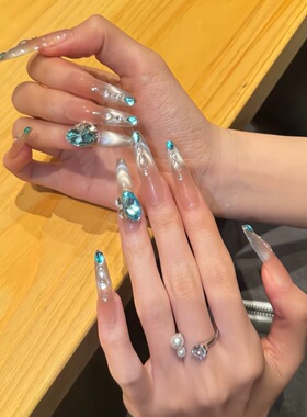 手工穿戴美甲长款蓝眼泪冰透奢华爆闪猫眼奢华高端显白新娘孕妇
