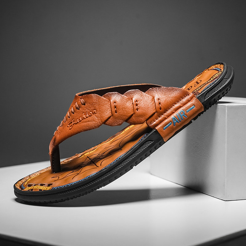 外贸原单出口欧美头层牛皮休闲外穿手工凉拖鞋橡胶真皮人字拖鞋男