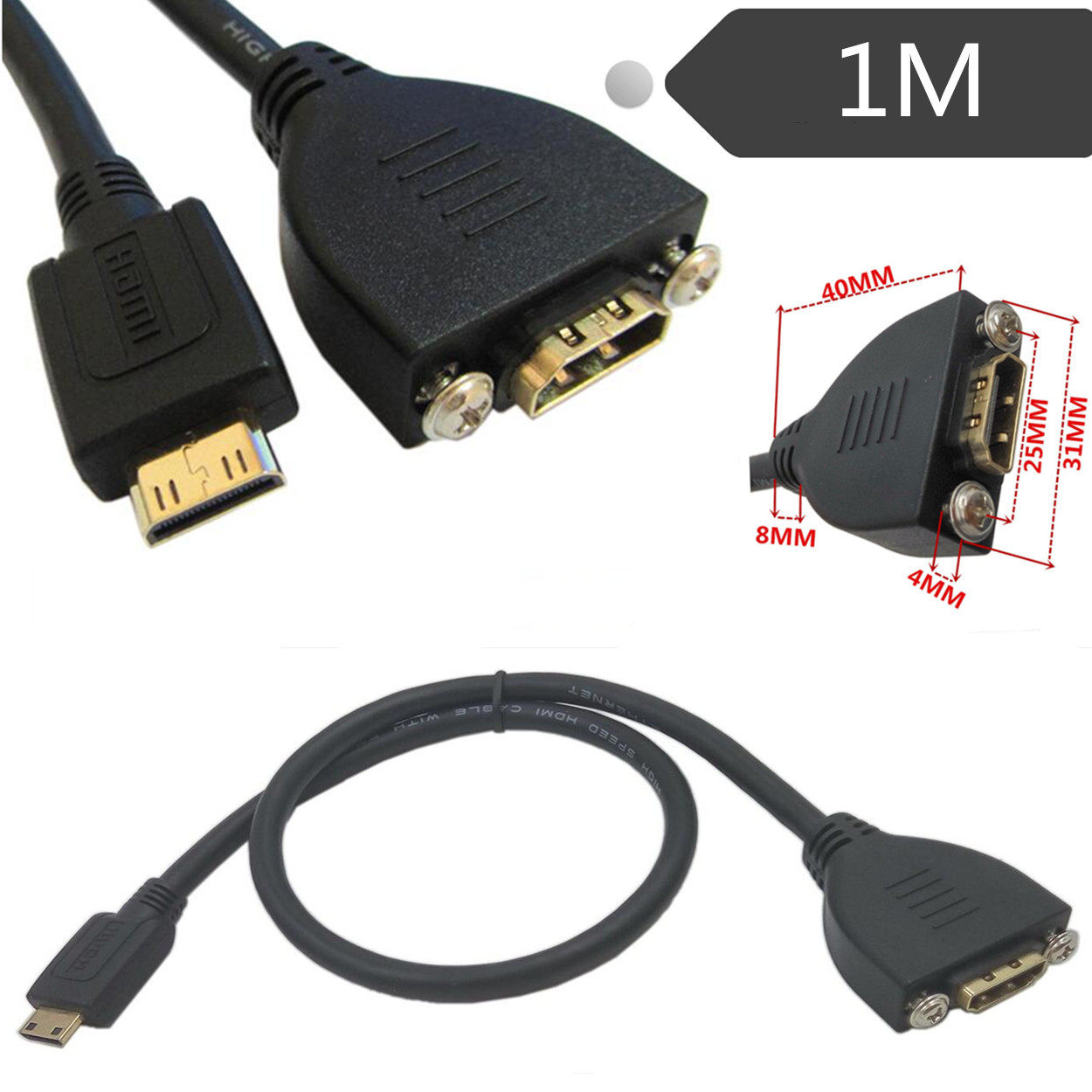 C型迷你mini HDMI公转标准hdmi母高清线延长线带螺丝孔可固定1米