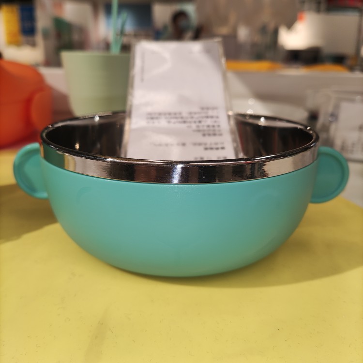 宜家卡侬库儿童饭盆小汤餐碗绿色双耳不锈钢塑料学生纯色圆形卡通