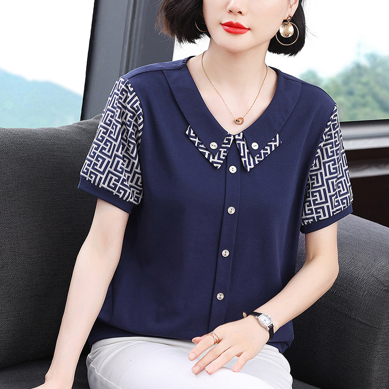 纯棉T恤女短袖遮肚妈妈夏装翻领图片