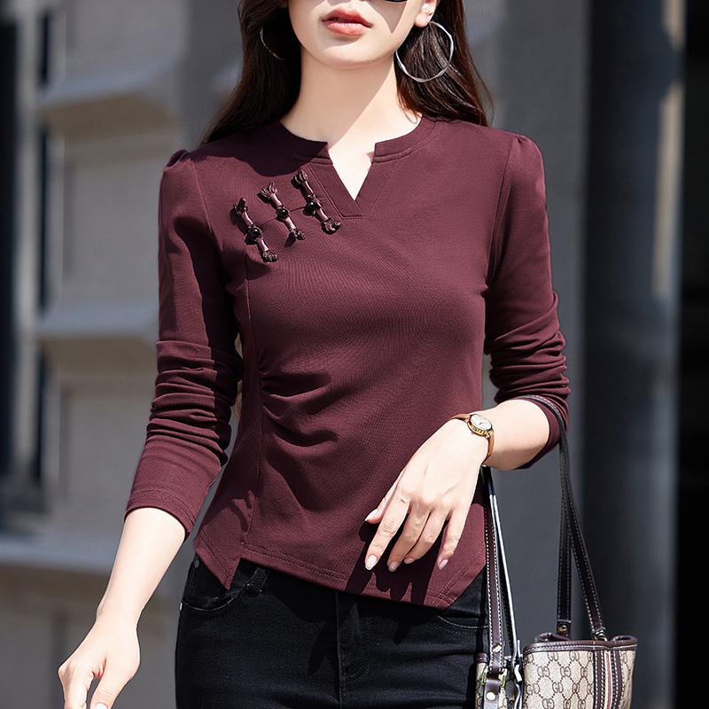 小V领长袖T恤女不规则抽褶打底衫