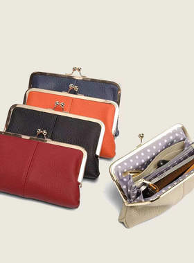 新款真皮长款手拿钱包简约纯色时尚夹子包高档口金大容量零钱包女