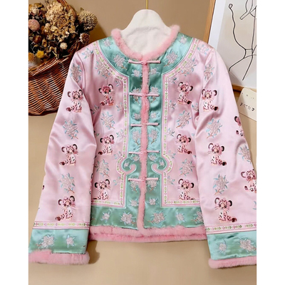 美伦粉韵生辉中式小豹刺绣棉服