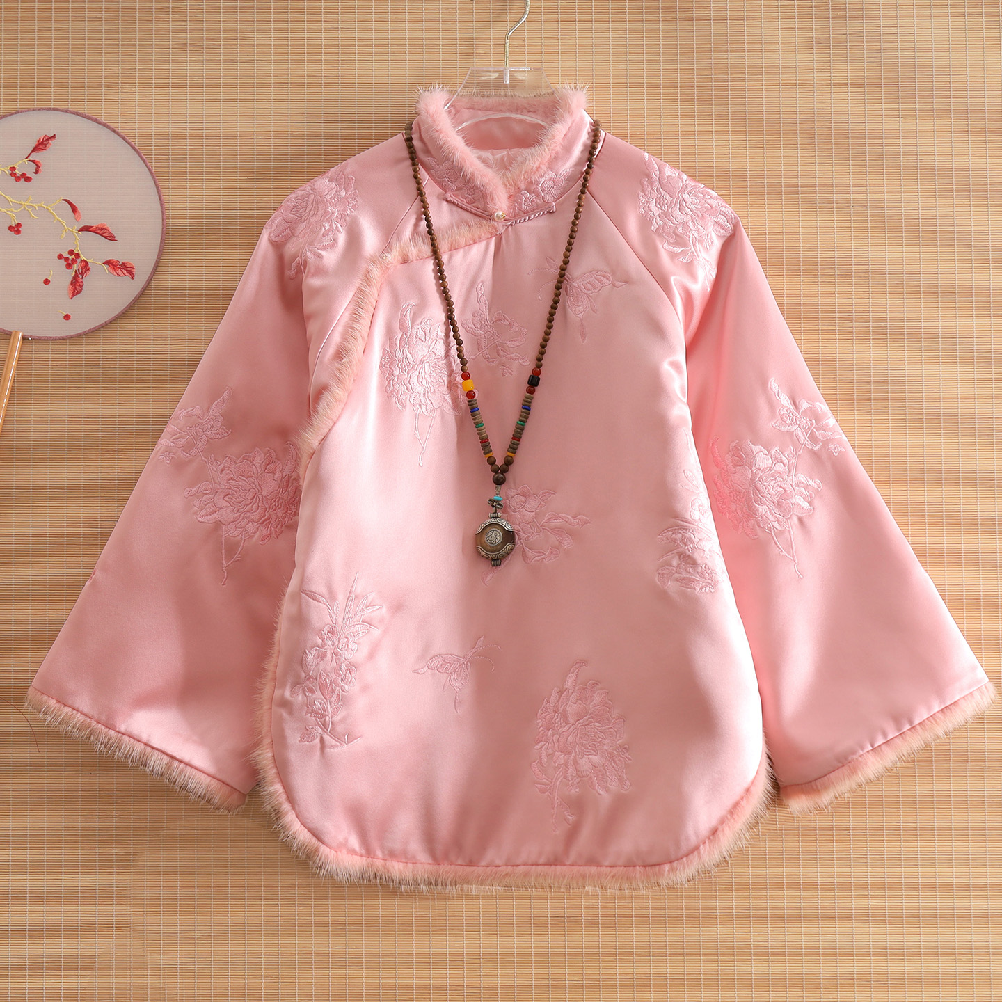 醋酸上衣短棉服国风水貂毛刺绣女