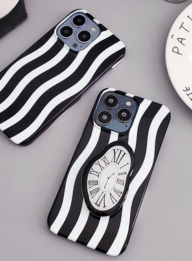 ins高级感条纹时钟iPhone15Pro防摔菲林壳苹果14手机壳13mini半包硬壳12支架菲林壳11全包软壳xsmax小众78p