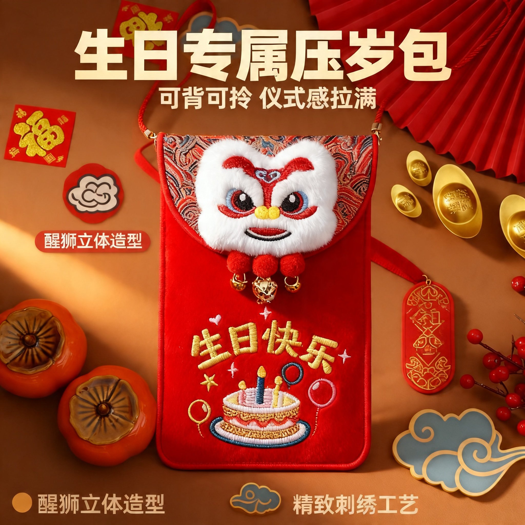 刺绣布艺卡通生日红包可斜挎万元