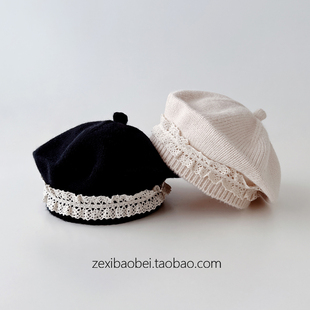 宝宝帽子秋冬季贝雷帽公主百搭花边女宝针织帽婴儿瓜皮帽2025新款