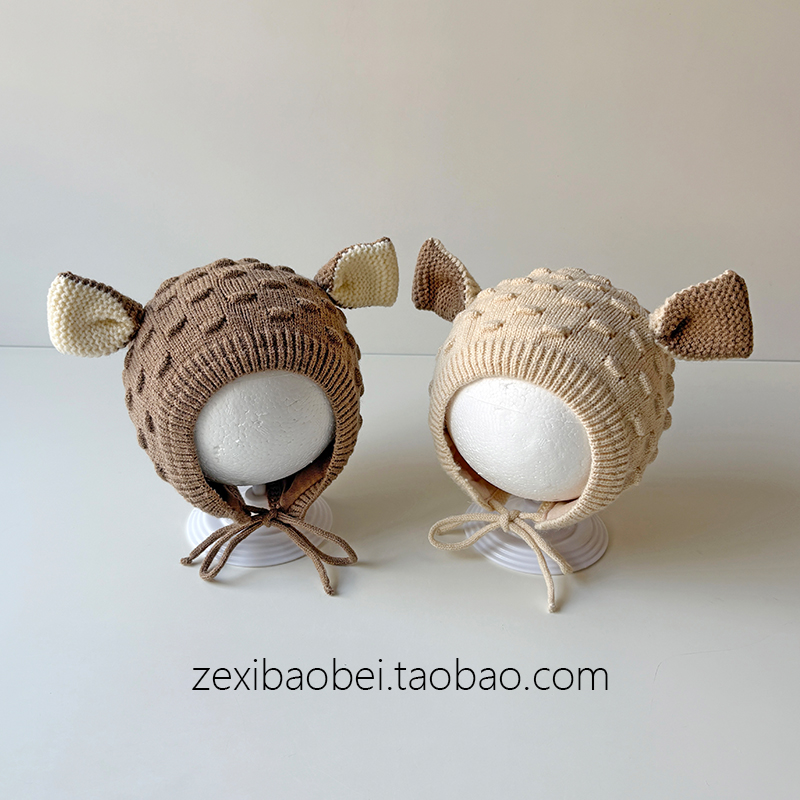 婴儿帽子6到12个月毛线帽冬季保暖小月龄宝宝针织帽男女宝护耳帽