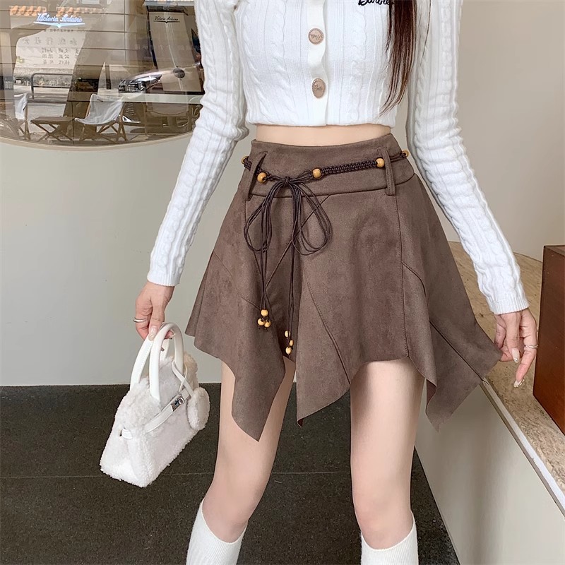 麂皮绒a字半身裙女秋冬2023新款不规则设计感复古风高腰短裙子冬