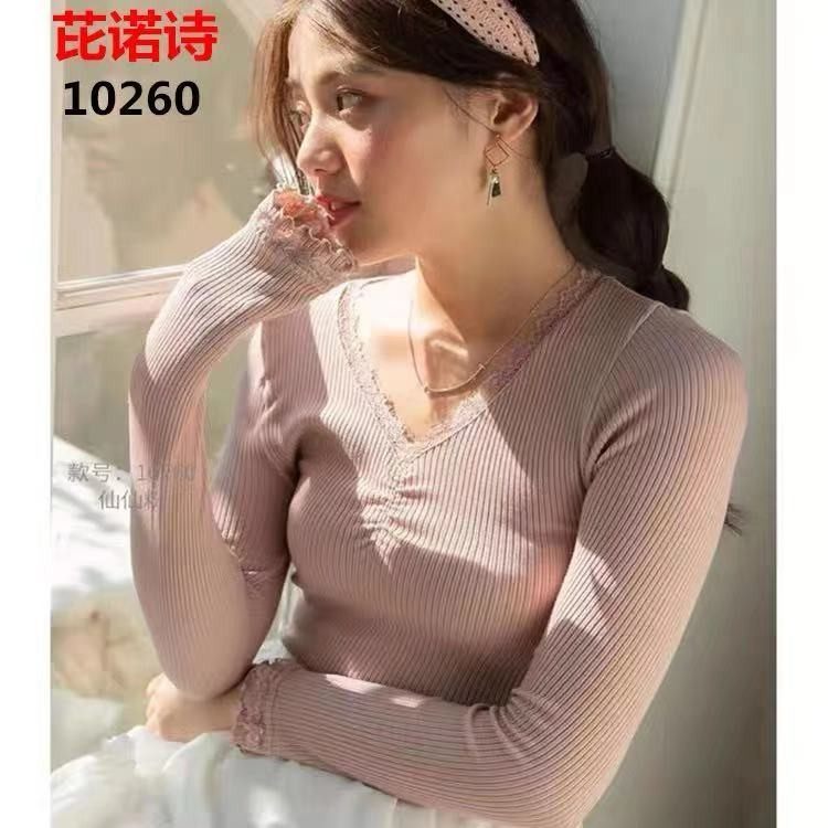 芘诺诗秋冬款女士睫毛v领单长袖t恤弹力修身显瘦打底衫螺纹单上衣