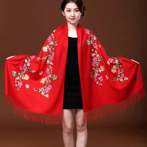 加厚妈妈围巾红色秋冬披肩女士