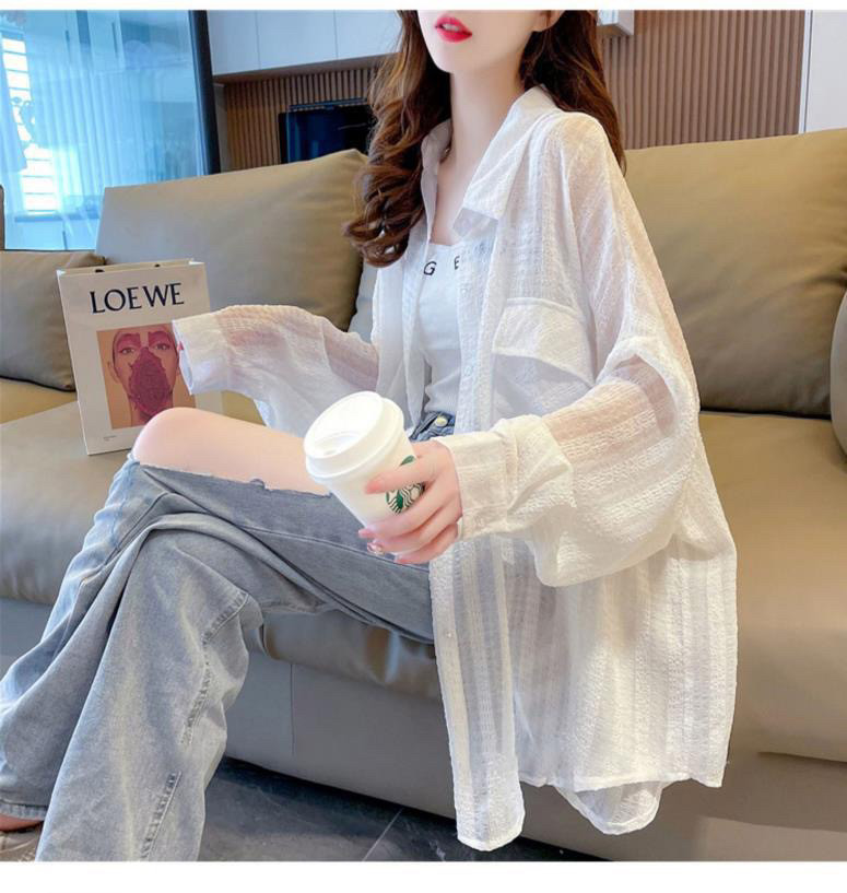 宽松透气防晒开衫衬衣女夏季新款设计感小众中长款薄款长袖衬衫女