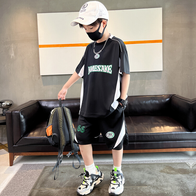大童男装一米二三四五六年级七八九十岁小孩夏衣服篮球运动套装黑